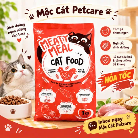 HẠT MÈO MEATY MEAL 1KG/TÚI – DƯỠNG LÔNG DA, BỔ SUNG DINH DƯỠNG