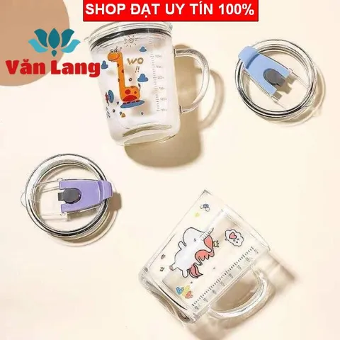 (Loại đẹp) Cốc thuỷ tinh 3in1 400ml có nắp đậy chống tràn, cốc pha sữa cho bé có chia vạch