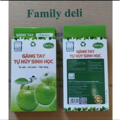 Găng tay tự huỷ sinh học dùng 1 lần  an toàn thân thiện với môi trường, nhãn hiệu Family Deli