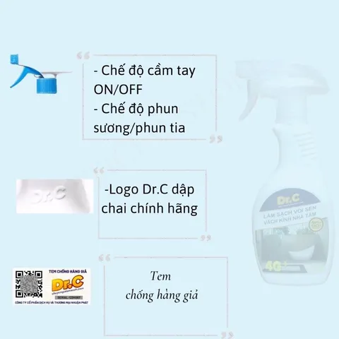 Siêu tẩy cặn canxi nhà tắm,tẩy sạch vòi inox, đốm nước trên vách kính, bồn sứ Dr.C 300ml