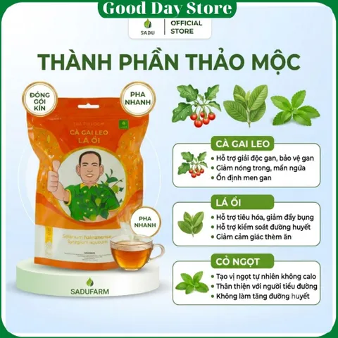 Trà LÁ ỔI cà gai leo Sadu túi 250gram là sự kết hợp tự nhiên giữa lá ổi, cà gai leo và cỏ ngọt