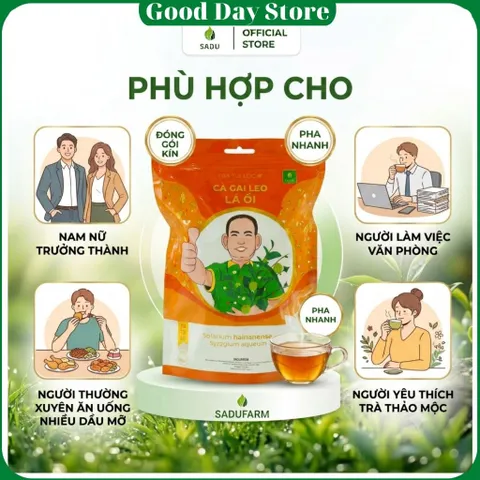 Trà LÁ ỔI cà gai leo Sadu túi 250gram là sự kết hợp tự nhiên giữa lá ổi, cà gai leo và cỏ ngọt