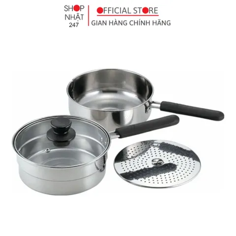 Bộ 2 nồi chảo inox 18cm có khay hấp kèm nắp đậy nội địa Nhật Bản - Kokubo