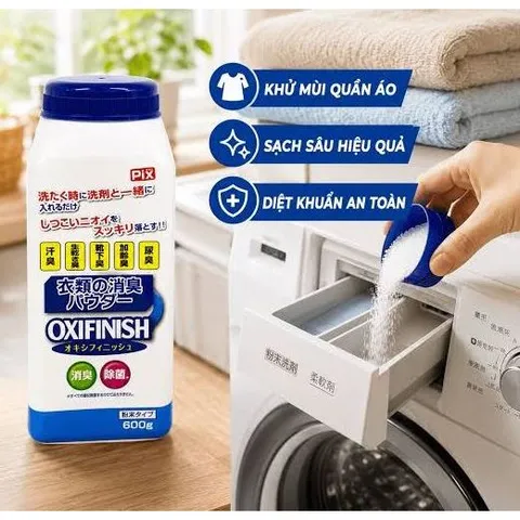 Bột khử mùi quần áo Pix OxyFinish khử mùi mồ hôi, ẩm mốc trên quần áo 600g Nội địa Nhật Bản