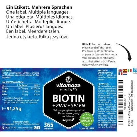Viên mọc tóc đẹp da móng Vitamaze Đức biotin zink selen giúp ngăn rụng tóc, đẹp da móng chắc khỏe, 365V