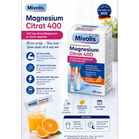 Magie citrate Mivolis Magnesium Citrat 400 dạng bột pha - nội địa Đức 20 gói