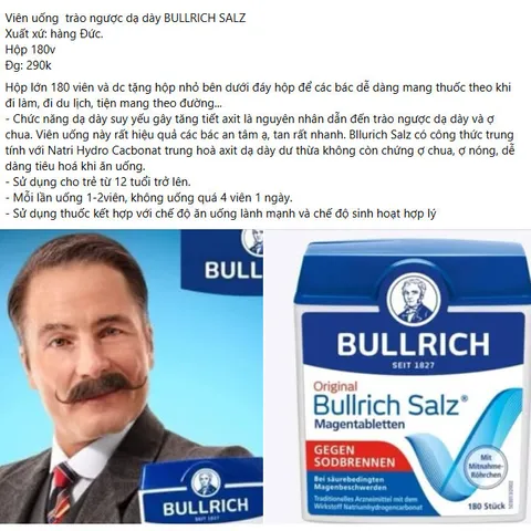 Viên uống trào ngược dạ dày BULLRICH SALZ,giảm ợ hơi, ợ chua, hộp 180 viên