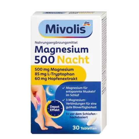 Magnesium 500 Nacht Mivolis bổ sung magie ban đêm hỗ trợ thư giãn cơ bắp và ngủ ngon - Hộp 30V