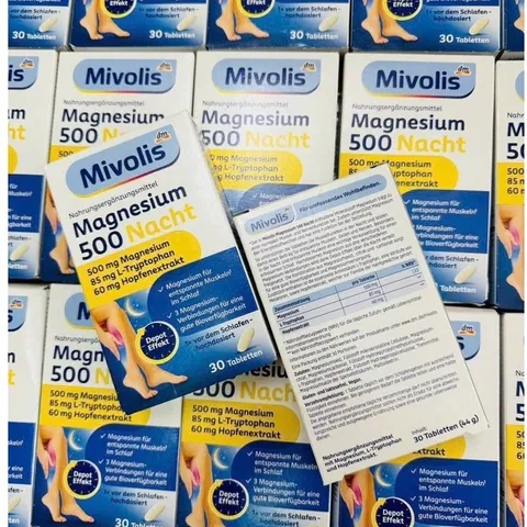 Magnesium 500 Nacht Mivolis bổ sung magie ban đêm hỗ trợ thư giãn cơ bắp và ngủ ngon - Hộp 30V