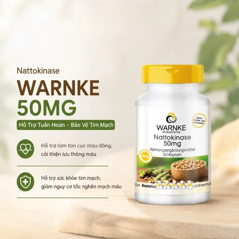 Viên uống chống đột quỵ WARNKE Nattokinase giúp ổn định huyết áp, hỗ trợ sức khỏe người cao tuổi, lọ 60 viên hàng ĐỨC 862708