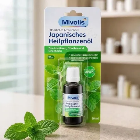Tinh dầu thảo dược bạc hà Japanisches Heilpflanzenöl Mivolis giúp giảm căng thẳng, mệt mỏi, nhức đầu, lọ 30ml