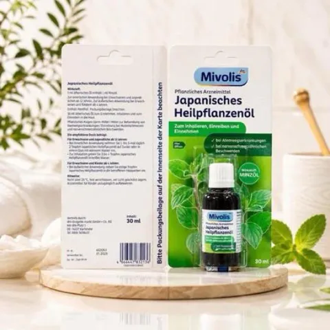Tinh dầu thảo dược bạc hà Japanisches Heilpflanzenöl Mivolis giúp giảm căng thẳng, mệt mỏi, nhức đầu, lọ 30ml