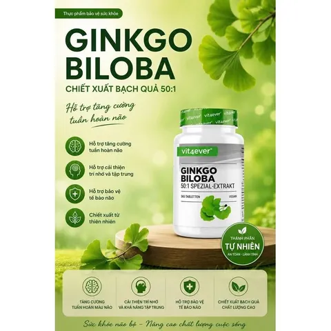Viên uống bổ não Ginkgo Biloba 6000 Vit4ever tăng sức khỏe, tuần hoàn máu não,tăng cường trí nhớ, nội địa Đức - 365 Viên