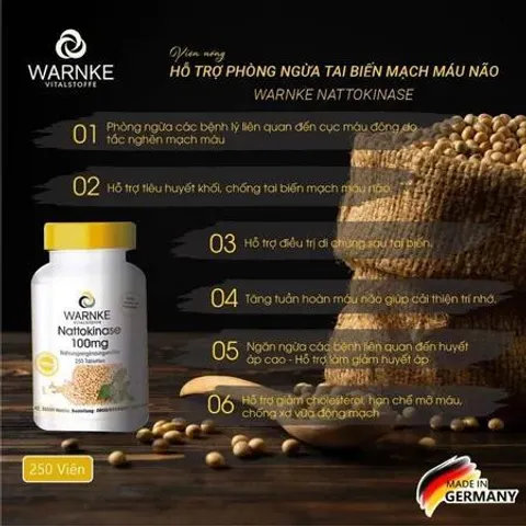 Viên uống phòng ngừa đột quỵ tai biến mạch máu não Nattokinase Warnke 100mg Lọ 250 Viên