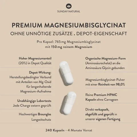 Magie hữu cơ Sunday Natural Magnesium Glycinat Depot 150 mg, 120 viên