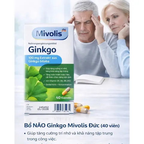 [Hàng Đức] Viên uống bổ não Ginkgo Mivolis, giảm stress, tăng cường trí nhớ, hộp 40 viên