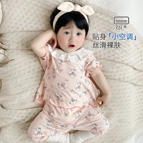 Hàng QC - Bộ thun lạnh cộc tay chấm bi cừu hồng cute đáng yêu ren nơ xinh xắn mùa hè mát mẻ cho bé gái