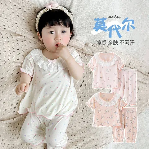 Hàng QC - Bộ thun lạnh cộc tay chấm bi cừu hồng cute đáng yêu ren nơ xinh xắn mùa hè mát mẻ cho bé gái