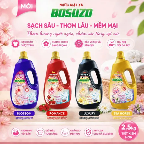Nước Giặt Xả BOSUZO 2.5kg - Sạch Sâu, Thơm Lâu, Mềm Vải - Đánh Bay Vết Bẩn - 4 Mùi Hương