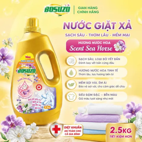 Nước Giặt Xả BOSUZO 2.5kg - Sạch Sâu, Thơm Lâu, Mềm Vải - Đánh Bay Vết Bẩn - 4 Mùi Hương