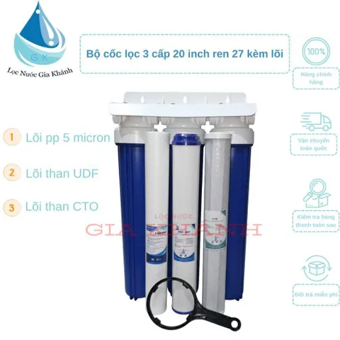 Bộ lọc thô 3 cấp lọc 20 inch ren phi 27 cốc màu xanh kèm lõi lọc