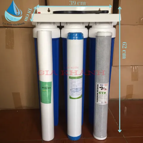 Bộ lọc thô 3 cấp lọc 20 inch ren phi 27 cốc màu xanh kèm lõi lọc