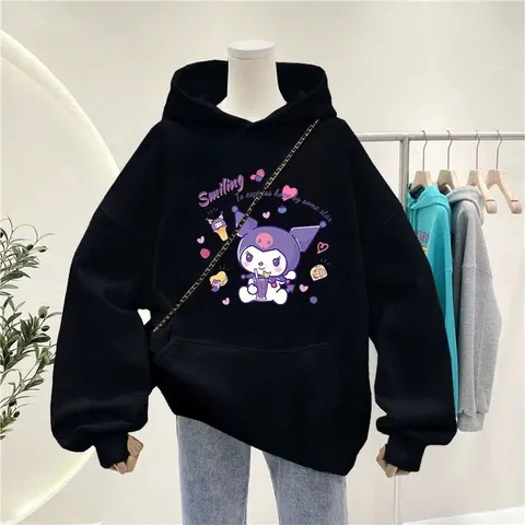 Áo hoodie Tay Dài nỉ cooton In Hình Smiling kuromi cho Mẹ và Bé 10-60kg