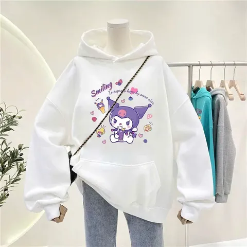 Áo hoodie Tay Dài nỉ cooton In Hình Smiling kuromi cho Mẹ và Bé 10-60kg