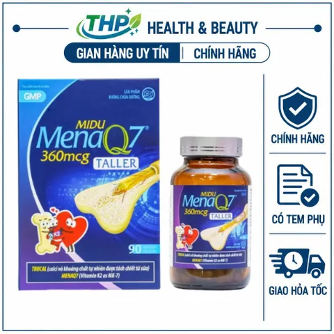 Midu MenaQ7 360mcg Hộp 90 Viên Canxi D3K2 Hỗ Trợ Xương Trẻ Em, Canxi Sữa TruCal, Vitamin K2 MenaQ7