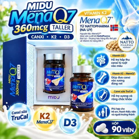 Midu MenaQ7 360mcg Hộp 90 Viên Canxi D3K2 Hỗ Trợ Xương Trẻ Em, Canxi Sữa TruCal, Vitamin K2 MenaQ7
