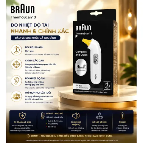 Nhiệt Kế Đo Tai Hồng Ngoại Braun ThermoScan 3 – Chính Xác Cao, Siêu Nhanh Trong 1 Giây
