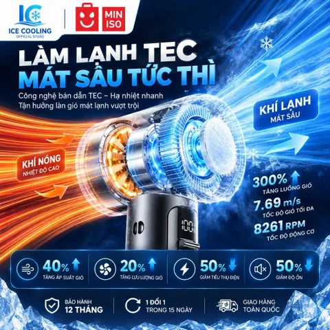 [CHÍNH HÃNG]Quạt Cầm Tay MINISO F1 100 Cấp Gió, Pin 10000mAh, Làm Lạnh TEC, Kiêm Sạc Dự Phòng, Dây Sạc Type-C Tích Hợp