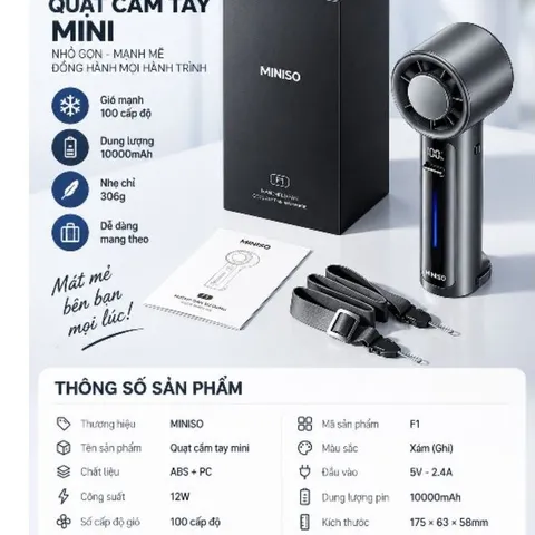 [CHÍNH HÃNG]Quạt Cầm Tay MINISO F1 100 Cấp Gió, Pin 10000mAh, Làm Lạnh TEC, Kiêm Sạc Dự Phòng, Dây Sạc Type-C Tích Hợp