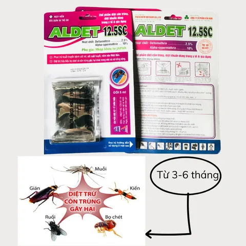 Chế phẩm Aldet 12.5SC gồm 2 thành phần gói 5ml diệt cuốn chiếu, gián, bọ, muỗi