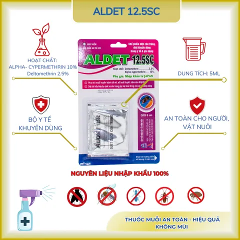 Chế phẩm Aldet 12.5SC gồm 2 thành phần gói 5ml diệt cuốn chiếu, gián, bọ, muỗi