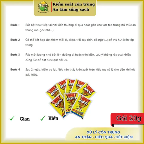 Thuốc kiến Ankill 20g- Gói bột xử lý kiến & gián với thành phần cypermethrin- sản phẩm chính hãng