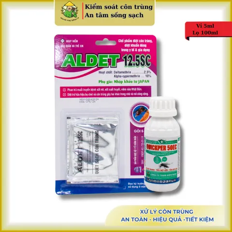 Combo xử lý côn trùng: vỉ Aldet 5ml và lọ Quickper 50ec 100ml, xử lý bọ chét, mạt gà, muỗi,..tồn lưu