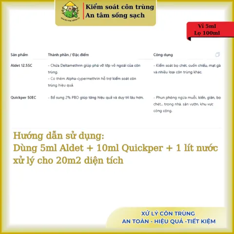 Combo xử lý côn trùng: vỉ Aldet 5ml và lọ Quickper 50ec 100ml, xử lý bọ chét, mạt gà, muỗi,..tồn lưu