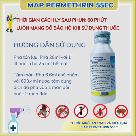 Thuốc diệt muỗi, côn trùng Map Permethrin 55EC chai 100ml, chế phẩm diệt côn trùng, tẩm mùng màn