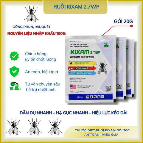 Thuốc ruồi Kixam 2.7 WP gói 20g trị ruồi cống, ruồi đen, nhặng,...dẫn dụ và hạ gục nhanh(chính hãng)
