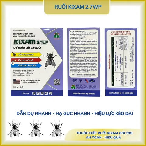 Thuốc ruồi Kixam 2.7 WP gói 20g trị ruồi cống, ruồi đen, nhặng,...dẫn dụ và hạ gục nhanh(chính hãng)