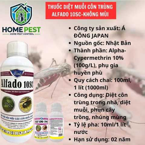 Alfado 10SC- thuốc diệt ruồi, muỗi, kiến ba khoang, gián, rận, ve, bọ chét không mùi- 100ml, 1lít