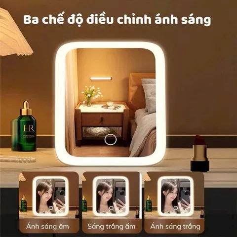 Gương Trang Điểm LED Để Bàn Cảm Ứng - 3 Chế Độ Sáng, Xoay 360 Độ 865221