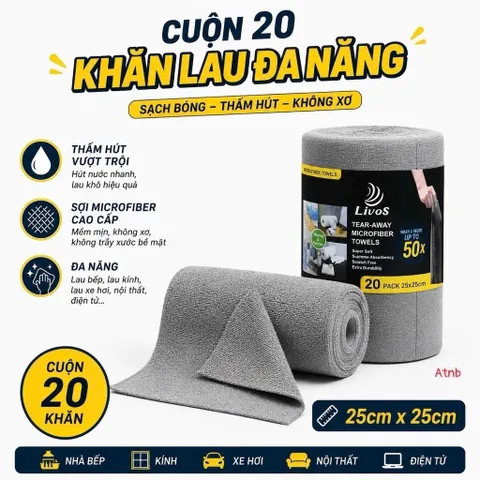 cuộn 20 khăn lau đa năng  25x25cm thấm hút tốt có thể giặt tái sử dụng 865523
