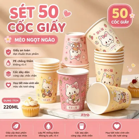 set 50 cốc giấy mèo 220ml dễ thương cốc dùng một lần tiện lợi 865525