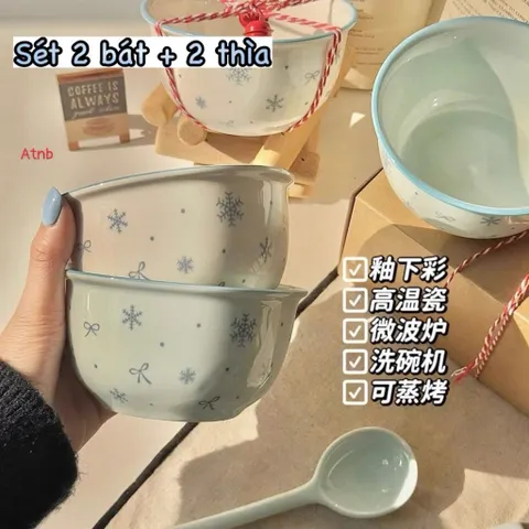 sét 2 bát kèm 2 thìa họa tiết bông tuyết – đơn giản mà cực xinh 🥣✨ 865571