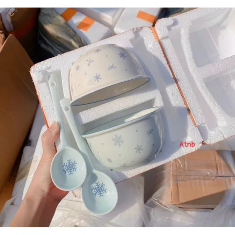 sét 2 bát kèm 2 thìa họa tiết bông tuyết – đơn giản mà cực xinh 🥣✨ 865571