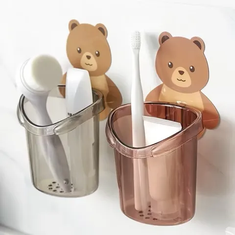 COMBO 2 Cốc gấu đựng bàn chải kem đánh răng có lỗ thoát nước, Cốc gấu dán tường siêu dính