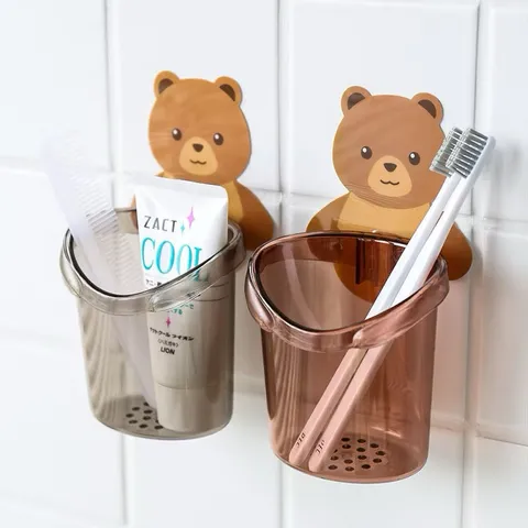 COMBO 2 Cốc gấu đựng bàn chải kem đánh răng có lỗ thoát nước, Cốc gấu dán tường siêu dính