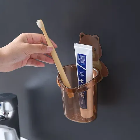 COMBO 2 Cốc gấu đựng bàn chải kem đánh răng có lỗ thoát nước, Cốc gấu dán tường siêu dính